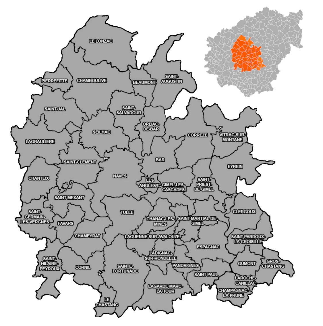 carte des communes de l'agglomération de Tulle